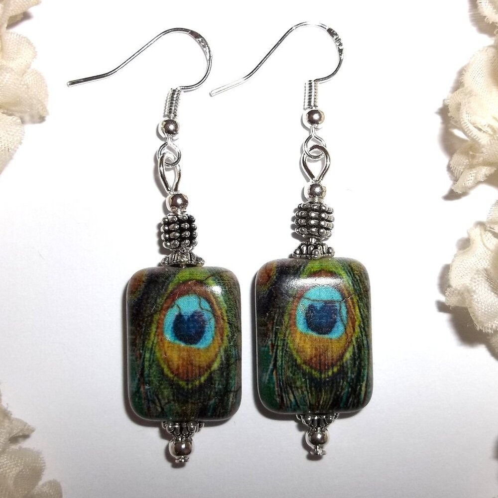 Peacock Earrings Beaded Brown Turquoise Blue Green Silver Costume Jewelry D124